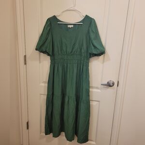 Sage Green Puff-Sleeve Midi Dress with Smocked Waist